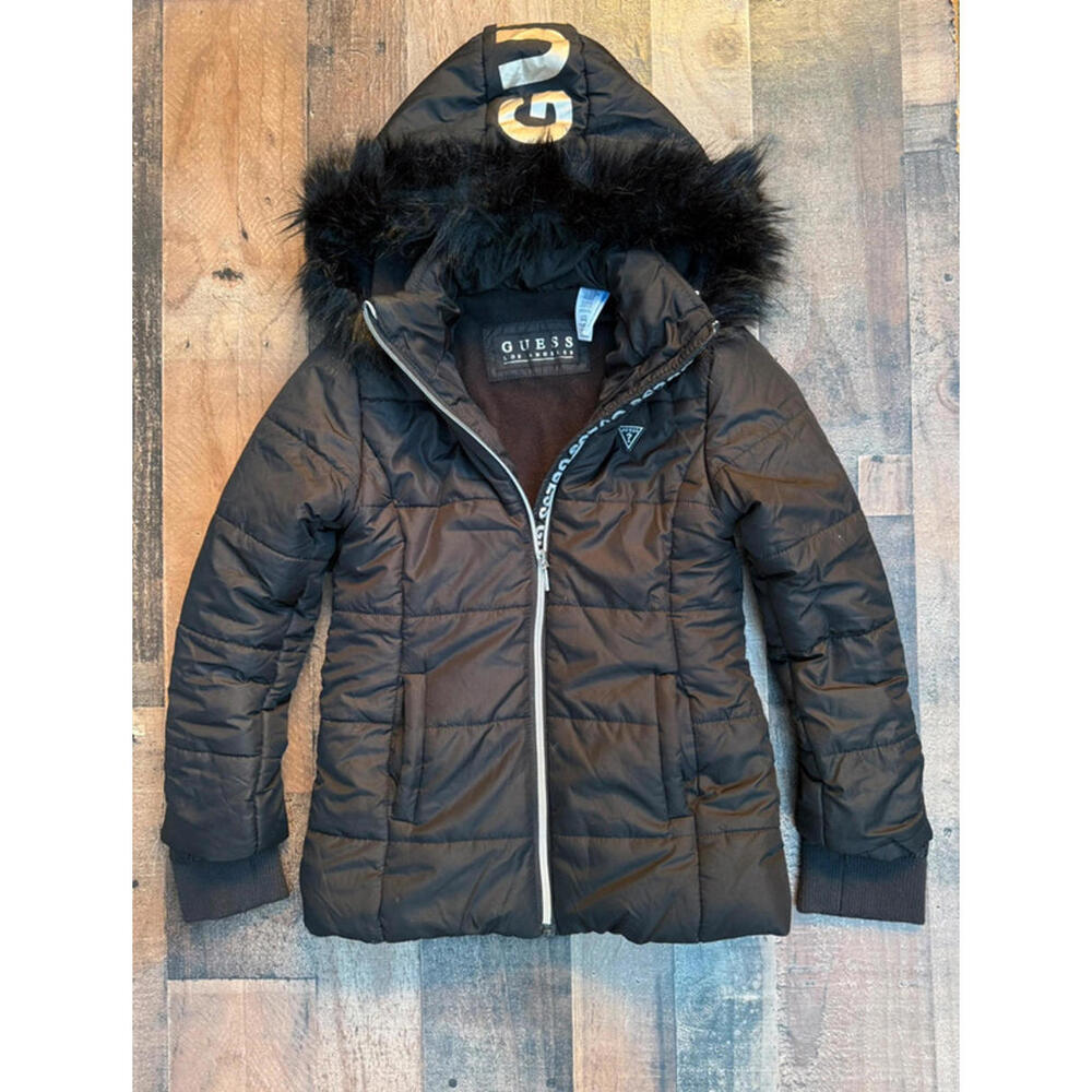 Guess Black Fur Hood  Warm Jacket Kid Girl Size L